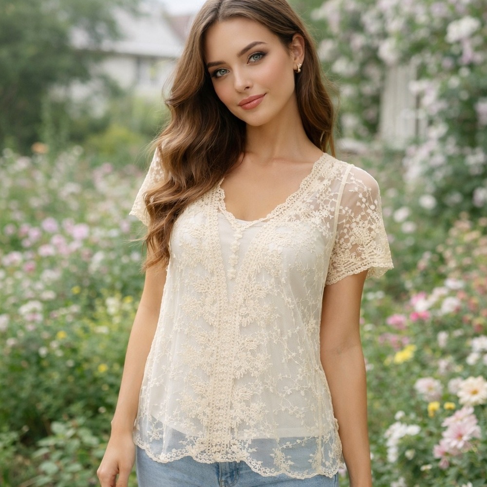 VTG Cream Lace Top‎ Small Short Sleeve Boho Floral Embroidered cottage coquette